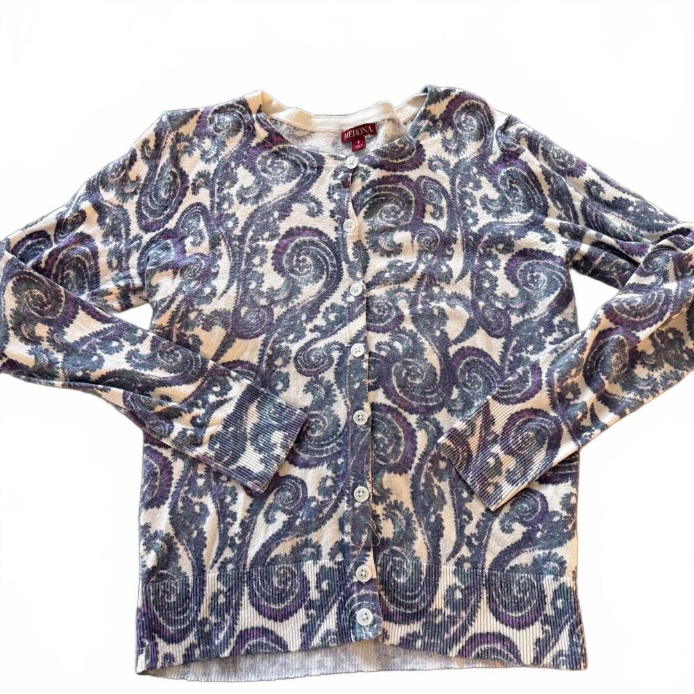 MERONA‎ Blue/Purple Paisley Cotton Blend Crew Neck Long Sleeve Cardigan Size S